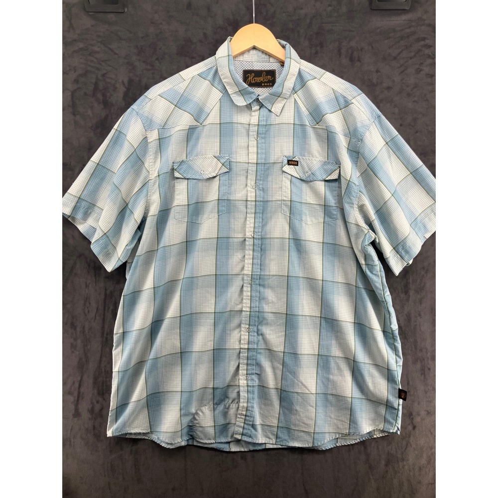 Howler Brothers H Bar B Snap Shirt Mens XL Blue Plaid Western Short Sleeve Snaps